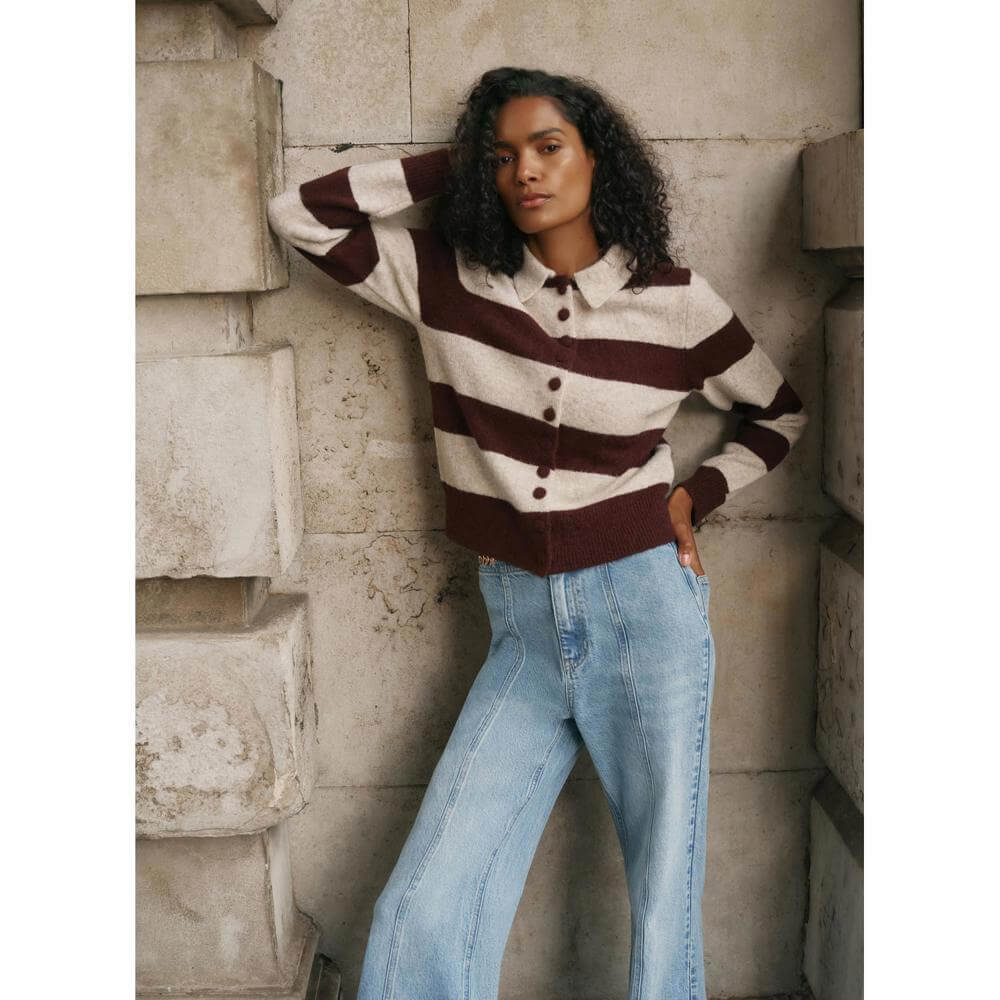 Mint Velvet Burgundy Striped Knit Cardigan